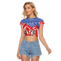 Slovakia Christmas Raglan Cropped T Shirt with Santa and Dancers by Campfire Snowy Mountains and Red Blue Snowflake Pattern Design - Wonder Print Shop