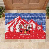 Slovakia Christmas Rubber Doormat with Santa and Dancers by Campfire Snowy Mountains and Red Blue Snowflake Pattern Design - Wonder Print Shop