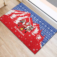 Slovakia Christmas Rubber Doormat with Santa and Dancers by Campfire Snowy Mountains and Red Blue Snowflake Pattern Design - Wonder Print Shop