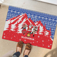 Slovakia Christmas Rubber Doormat with Santa and Dancers by Campfire Snowy Mountains and Red Blue Snowflake Pattern Design - Wonder Print Shop
