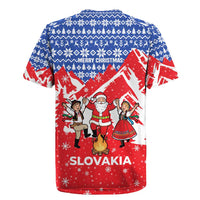 Slovakia Christmas Rugby Jersey with Santa and Dancers by Campfire Snowy Mountains and Red Blue Snowflake Pattern Design - Wonder Print Shop