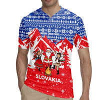 Slovakia Christmas Rugby Jersey with Santa and Dancers by Campfire Snowy Mountains and Red Blue Snowflake Pattern Design - Wonder Print Shop