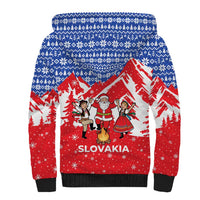 Slovakia Christmas Sherpa Hoodie with Santa and Dancers by Campfire Snowy Mountains and Red Blue Snowflake Pattern Design - Wonder Print Shop