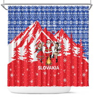 Slovakia Christmas Shower Curtain with Santa and Dancers by Campfire Snowy Mountains and Red Blue Snowflake Pattern Design - Wonder Print Shop
