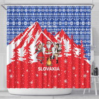 Slovakia Christmas Shower Curtain with Santa and Dancers by Campfire Snowy Mountains and Red Blue Snowflake Pattern Design - Wonder Print Shop