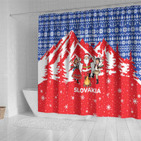Slovakia Christmas Shower Curtain with Santa and Dancers by Campfire Snowy Mountains and Red Blue Snowflake Pattern Design - Wonder Print Shop