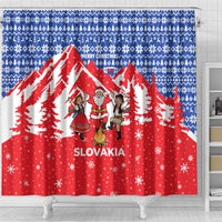 Slovakia Christmas Shower Curtain with Santa and Dancers by Campfire Snowy Mountains and Red Blue Snowflake Pattern Design - Wonder Print Shop