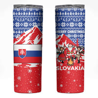 Slovakia Christmas Skinny Tumbler with Santa and Dancers by Campfire Snowy Mountains and Red Blue Snowflake Pattern Design - Wonder Print Shop