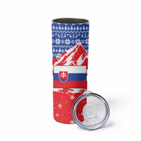Slovakia Christmas Skinny Tumbler with Santa and Dancers by Campfire Snowy Mountains and Red Blue Snowflake Pattern Design - Wonder Print Shop