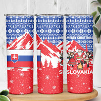 Slovakia Christmas Skinny Tumbler with Santa and Dancers by Campfire Snowy Mountains and Red Blue Snowflake Pattern Design - Wonder Print Shop