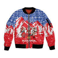 Slovakia Christmas Sleeve Zip Bomber Jacket with Santa and Dancers by Campfire Snowy Mountains and Red Blue Snowflake Pattern Design - Wonder Print Shop