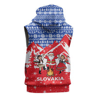 Slovakia Christmas Sleeveless Hoodie with Santa and Dancers by Campfire Snowy Mountains and Red Blue Snowflake Pattern Design - Wonder Print Shop