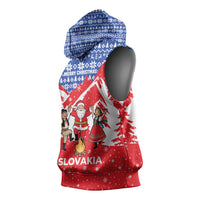 Slovakia Christmas Sleeveless Hoodie with Santa and Dancers by Campfire Snowy Mountains and Red Blue Snowflake Pattern Design - Wonder Print Shop