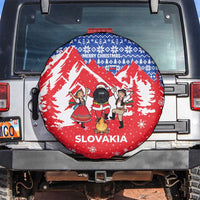 Slovakia Christmas Spare Tire Cover with Santa and Dancers by Campfire Snowy Mountains and Red Blue Snowflake Pattern Design - Wonder Print Shop