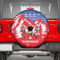 Slovakia Christmas Spare Tire Cover with Santa and Dancers by Campfire Snowy Mountains and Red Blue Snowflake Pattern Design - Wonder Print Shop