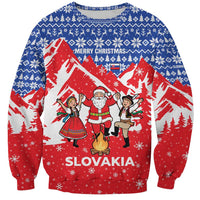 Slovakia Christmas Sweatshirt with Santa and Dancers by Campfire Snowy Mountains and Red Blue Snowflake Pattern Design - Wonder Print Shop