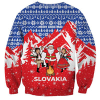 Slovakia Christmas Sweatshirt with Santa and Dancers by Campfire Snowy Mountains and Red Blue Snowflake Pattern Design - Wonder Print Shop