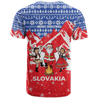 Slovakia Christmas T Shirt with Santa and Dancers by Campfire Snowy Mountains and Red Blue Snowflake Pattern Design - Wonder Print Shop