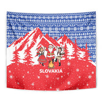 Slovakia Christmas Tapestry with Santa and Dancers by Campfire Snowy Mountains and Red Blue Snowflake Pattern Design - Wonder Print Shop