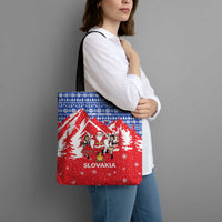 Slovakia Christmas Tote Bag with Santa and Dancers by Campfire Snowy Mountains and Red Blue Snowflake Pattern Design - Wonder Print Shop