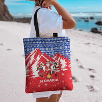 Slovakia Christmas Tote Bag with Santa and Dancers by Campfire Snowy Mountains and Red Blue Snowflake Pattern Design - Wonder Print Shop