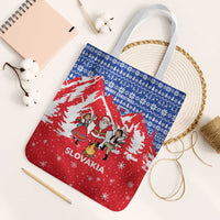 Slovakia Christmas Tote Bag with Santa and Dancers by Campfire Snowy Mountains and Red Blue Snowflake Pattern Design - Wonder Print Shop