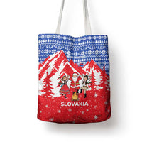 Slovakia Christmas Tote Bag with Santa and Dancers by Campfire Snowy Mountains and Red Blue Snowflake Pattern Design - Wonder Print Shop