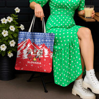 Slovakia Christmas Tote Bag with Santa and Dancers by Campfire Snowy Mountains and Red Blue Snowflake Pattern Design - Wonder Print Shop