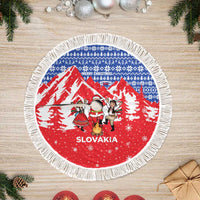 Slovakia Christmas Tree Skirt with Santa and Dancers by Campfire Snowy Mountains and Red Blue Snowflake Pattern Design - Wonder Print Shop