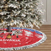Slovakia Christmas Tree Skirt with Santa and Dancers by Campfire Snowy Mountains and Red Blue Snowflake Pattern Design - Wonder Print Shop