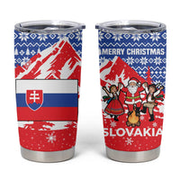 Slovakia Christmas Tumbler Cup with Santa and Dancers by Campfire Snowy Mountains and Red Blue Snowflake Pattern Design - Wonder Print Shop