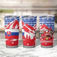 Slovakia Christmas Tumbler Cup with Santa and Dancers by Campfire Snowy Mountains and Red Blue Snowflake Pattern Design - Wonder Print Shop