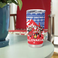 Slovakia Christmas Tumbler Cup with Santa and Dancers by Campfire Snowy Mountains and Red Blue Snowflake Pattern Design - Wonder Print Shop