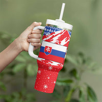 Slovakia Christmas Tumbler With Handle with Santa and Dancers by Campfire Snowy Mountains and Red Blue Snowflake Pattern Design - Wonder Print Shop