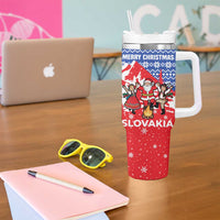Slovakia Christmas Tumbler With Handle with Santa and Dancers by Campfire Snowy Mountains and Red Blue Snowflake Pattern Design - Wonder Print Shop