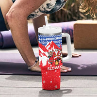 Slovakia Christmas Tumbler With Handle with Santa and Dancers by Campfire Snowy Mountains and Red Blue Snowflake Pattern Design - Wonder Print Shop