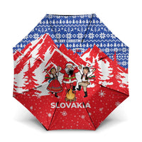 Slovakia Christmas Umbrella with Santa and Dancers by Campfire Snowy Mountains and Red Blue Snowflake Pattern Design - Wonder Print Shop