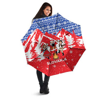 Slovakia Christmas Umbrella with Santa and Dancers by Campfire Snowy Mountains and Red Blue Snowflake Pattern Design - Wonder Print Shop