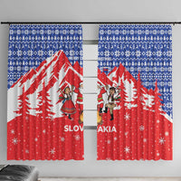 Slovakia Christmas Window Curtain with Santa and Dancers by Campfire Snowy Mountains and Red Blue Snowflake Pattern Design - Wonder Print Shop