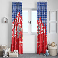 Slovakia Christmas Window Curtain with Santa and Dancers by Campfire Snowy Mountains and Red Blue Snowflake Pattern Design - Wonder Print Shop