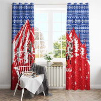 Slovakia Christmas Window Curtain with Santa and Dancers by Campfire Snowy Mountains and Red Blue Snowflake Pattern Design - Wonder Print Shop