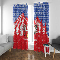 Slovakia Christmas Window Curtain with Santa and Dancers by Campfire Snowy Mountains and Red Blue Snowflake Pattern Design - Wonder Print Shop