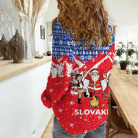 Slovakia Christmas Women Casual Shirt with Santa and Dancers by Campfire Snowy Mountains and Red Blue Snowflake Pattern Design - Wonder Print Shop