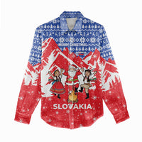 Slovakia Christmas Women Casual Shirt with Santa and Dancers by Campfire Snowy Mountains and Red Blue Snowflake Pattern Design - Wonder Print Shop