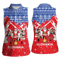 Slovakia Christmas Women Sleeveless Polo Shirt with Santa and Dancers by Campfire Snowy Mountains and Red Blue Snowflake Pattern Design - Wonder Print Shop