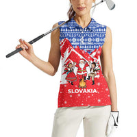 Slovakia Christmas Women Sleeveless Polo Shirt with Santa and Dancers by Campfire Snowy Mountains and Red Blue Snowflake Pattern Design - Wonder Print Shop