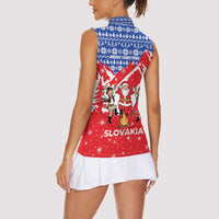 Slovakia Christmas Women Sleeveless Polo Shirt with Santa and Dancers by Campfire Snowy Mountains and Red Blue Snowflake Pattern Design - Wonder Print Shop