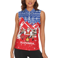 Slovakia Christmas Women Sleeveless Polo Shirt with Santa and Dancers by Campfire Snowy Mountains and Red Blue Snowflake Pattern Design - Wonder Print Shop