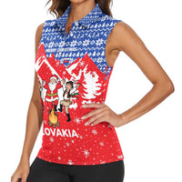 Slovakia Christmas Women Sleeveless Polo Shirt with Santa and Dancers by Campfire Snowy Mountains and Red Blue Snowflake Pattern Design - Wonder Print Shop