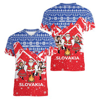 Slovakia Christmas Women V-Neck T-Shirt with Santa and Dancers by Campfire Snowy Mountains and Red Blue Snowflake Pattern Design - Wonder Print Shop